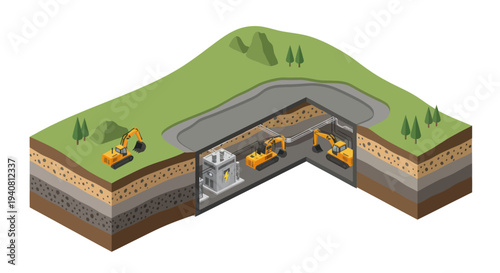 Isometric illustration depicting underground construction and excavation with heavy machinery and geological layers.