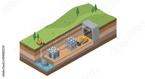 Illustration depicting the construction of an underground nuclear waste repository, showing excavation, waste processing, and final sealing.