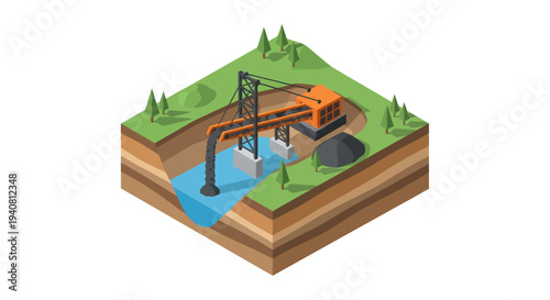Isometric illustration of a dredging operation, showing a large excavator with a pump system extracting material from a body of water and depositing it onto land.