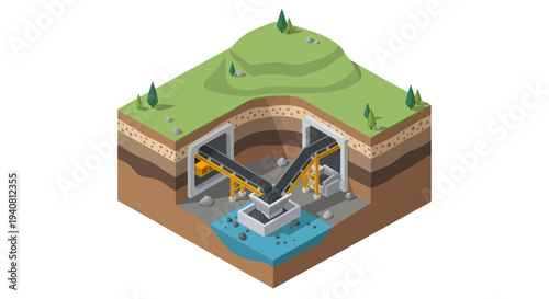 Isometric illustration of an underground mining conveyor system with a Y-shaped junction and water features.