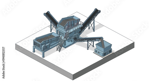 Isometric illustration of a complex industrial crushing and screening plant with multiple conveyor belts and hoppers, set on a white platform.
