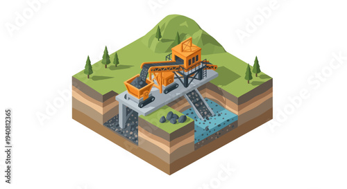 Isometric illustration of a coal mining operation showing extraction, processing, and transportation infrastructure.