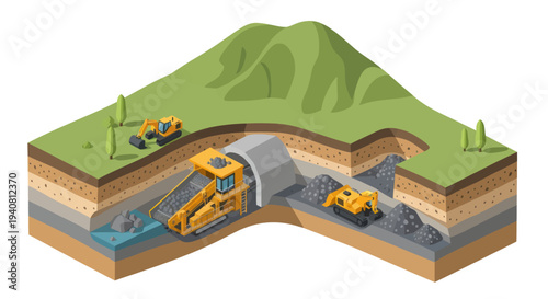 Illustration of Tunnel Boring Machine (TBM) excavating a tunnel through rock and soil layers, with construction vehicles and excavated material visible.
