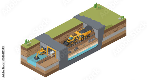 Isometric illustration depicting the construction of an underground tunnel with heavy machinery and excavation processes.