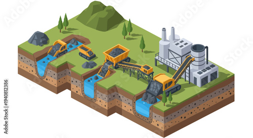 Isometric illustration depicting the process of coal mining, from extraction to industrial processing.