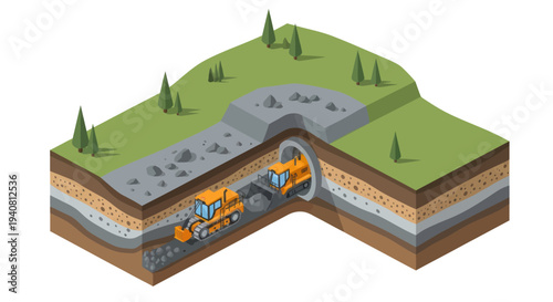 Illustration showing underground tunnel construction with heavy machinery excavating earth and rock to create a passage.