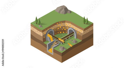 Isometric illustration of an underground mining operation with tunnels, conveyor belts, and extracted ore.
