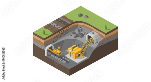 Isometric illustration showcasing underground tunnel construction with heavy machinery and excavation processes.