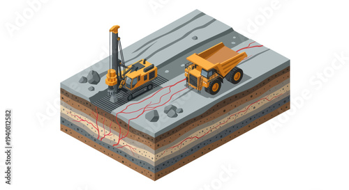 Isometric illustration depicting a mining operation with a drill rig and a dump truck excavating earth layers.