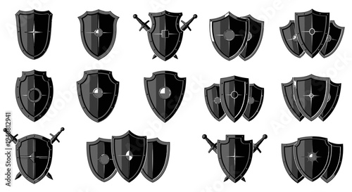 Collection of Medieval Shields and Swords Icons, Vector Set