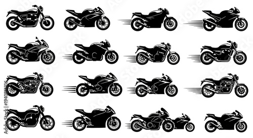 Collection of Motorcycle Silhouettes: Sport, Cruiser, and Racing Bikes