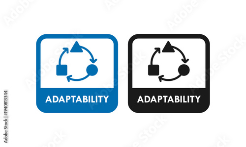 Adaptability badge logo icon featuring a cycle of geometric shapes and arrows within a jagged seal border, representing flexibility, change, and process in a modern style.
