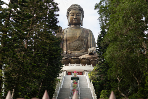 The Tian Tan Buddha (Big Buddha) bronze statue at Ngong Ping, Lantau Island, seen from the base of its grand staircase flanked by tall pine trees, Hong Kong