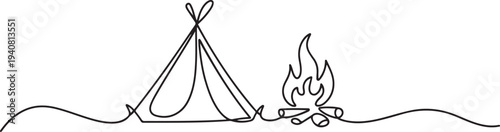 Camping Tent with Campfire Continuous Line Drawing, One continuous line illustration of a tent. one line Icon drawing