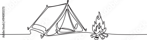 Camping Tent with Campfire Continuous Line Drawing, One continuous line illustration of a tent. one line Icon drawing