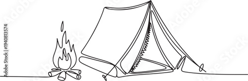 Camping Tent with Campfire Continuous Line Drawing, One continuous line illustration of a tent. one line Icon drawing