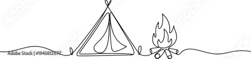 Camping Tent with Campfire Continuous Line Drawing, One continuous line illustration of a tent. one line Icon drawing