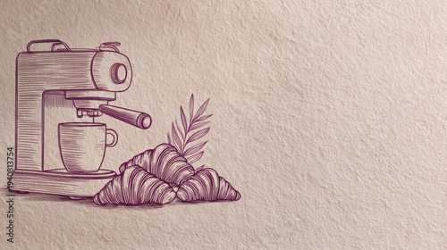 Elegant Minimal Cafe Design Featuring Hand Drawn Croissants and an Espresso Maker With a Soft Purple Color on Textured Paper