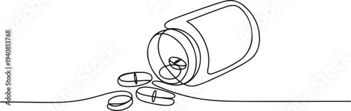 Continuous One Line Medicine Set with Pill Minimalist Healthcare Vector Illustration, Continuous one line of a medicine bottle with pills and capsules. one line Icon drawing
