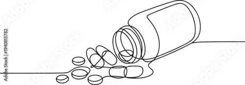 Continuous One Line Medicine Set with Pill Minimalist Healthcare Vector Illustration, Continuous one line of a medicine bottle with pills and capsules. one line Icon drawing