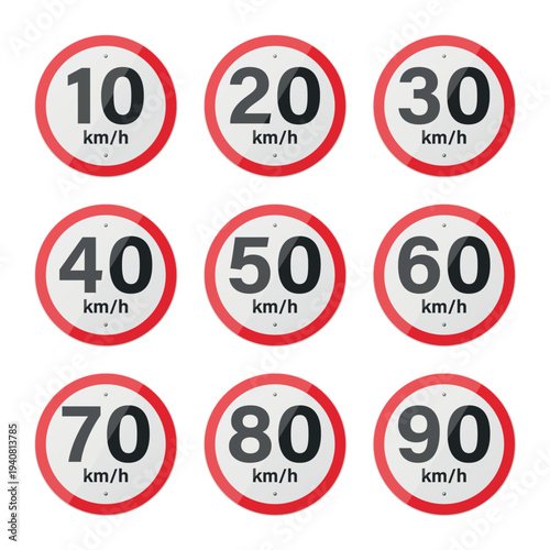 Speed Limit Signs Set 10 20 30 40 50 60 70 80 90 kmh. Round Traffic Regulation Icons with Red Border. Road Safety and Driving Rules Symbol Collection, Isolated. Vector Illustration