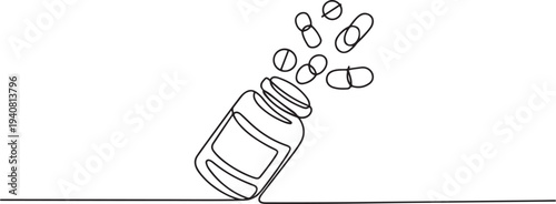 Continuous One Line Medicine Set with Pill Minimalist Healthcare Vector Illustration, Continuous one line of a medicine bottle with pills and capsules. one line Icon drawing