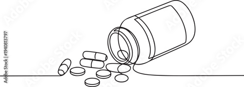 Continuous One Line Medicine Set with Pill Minimalist Healthcare Vector Illustration, Continuous one line of a medicine bottle with pills and capsules. one line Icon drawing