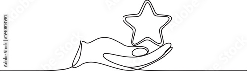 Hand holding star continuous one line icon drawing, Satisfaction customer concept. Vector illustration with editable stroke. one line Icon drawing