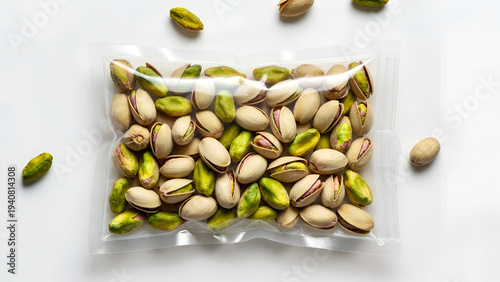 Vibrant shelled pistachios packed in clear plastic pouch with a few scattered nuts on white backdrop, ideal for health food brands, snack packaging mockups, nutrition blogs, or keto diet content