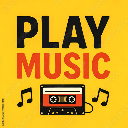 Bold 'Play Music' lettering above a retro cassette tape and musical notes on a bright yellow background, evoking nostalgia, fun and vintage audio vibes for posters, playlists and social graphics.