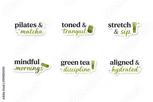 A collection of printable wellness stickers and labels with matcha and green tea themes, promoting pilates, stretching, mindful mornings, gentle fitness and healthy hydration in a clean, modern design
