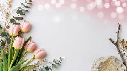 Elegant spring floral border with pink tulips, eucalyptus, dry branches and stone on white copy space with soft pink bokeh.