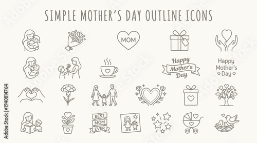 Simple outline vector icons for Mother’s Day greeting designs