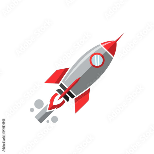 Illustration of a classic rocket ship soaring upwards with a trail of smoke and fire, symbolizing space exploration and ambitious journeys