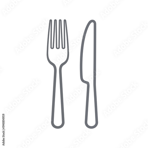A clean line art illustration of a fork and a knife, symbolizing dining and food service