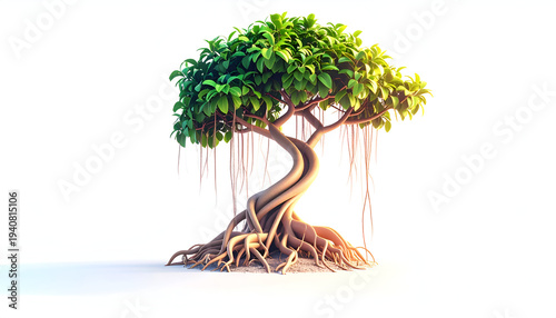 Cartoon banyan tree with twisted roots and lush green leaves on a white backdrop