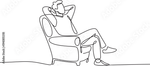 Continuous one line drawing. Young man relaxing in armchair, Young man relaxing in the chair and holding hands behind head. Back view. one line Icon drawing