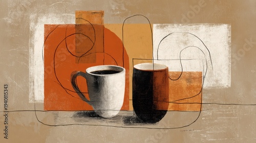 Modern Abstract Coffee Art With Two Cups and Line Design on a Textured Background for Coffee Lovers and Art Enthusiasts
