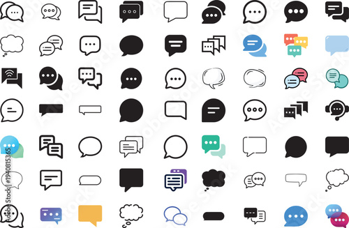 Diverse Speech Bubble and Chat Icon Set, Set of Various Speech Bubble and Chat Icons Vector Illustration, Minimalist Blank Thought Cloud and Forum Dialogue