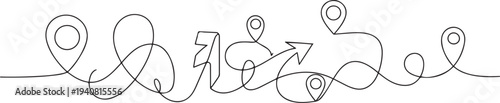 One continuous line art drawing of Location and path pointers vector illustration, Map pin line background. one line Icon drawing