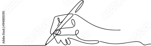 Hand holding pen Continuous line drawing. Hand drawing line with pen in one line drawing, hand writing continuous line art vector illustration. one line Icon drawing