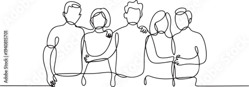 Group of people continuous one line vector drawing. Family, friends hand drawn characters. Continuous line art drawing style. one line Icon drawing