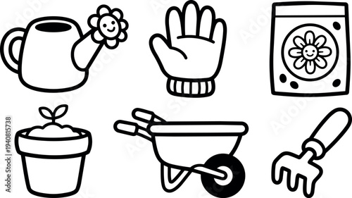 Line art gardening icon set close up watering can with smiling flower and glove seed packet pot wheelbarrow hand rake seedling