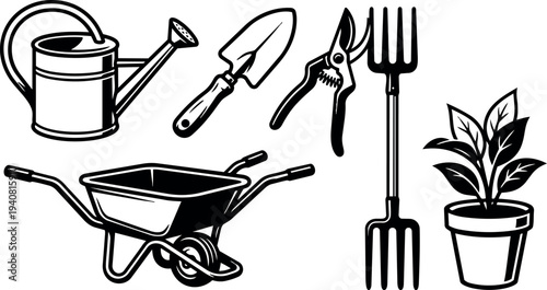 Line art close up gardening tool set showing wheelbarrow watering can trowel pruners pitchfork and potted plant angled black outline vector