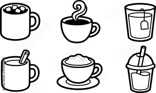 Minimalist line art set of six beverage icons showing hot chocolate, steaming coffee, tea, cinnamon mug, cappuccino, iced drink illustration