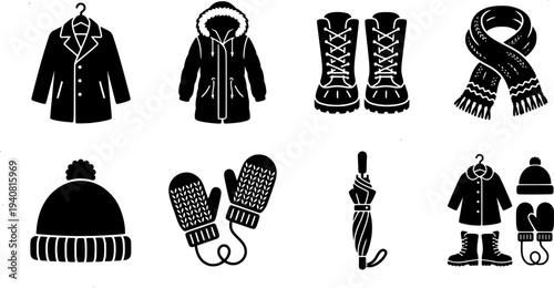 Flat design winter clothing icons coat on hanger long parka boots scarf hat mittens umbrella black white silhouette front view
