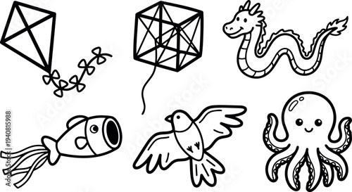 Whimsical kids doodle vector set showing smiling octopus bird dragon rocket fish and two kites in playful black line art