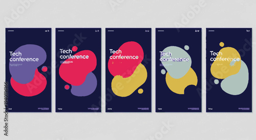 Collection of modern tech conference posters with abstract shapes and vibrant colors on dark blue background ideal for technology events