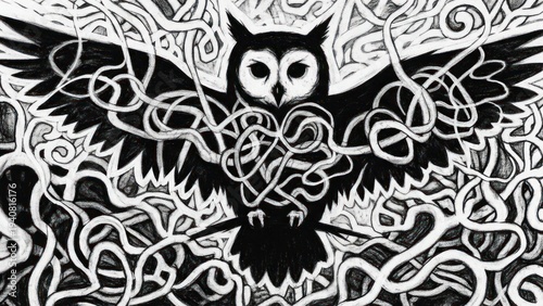 Intricate black and white owl illustration with abstract swirls design