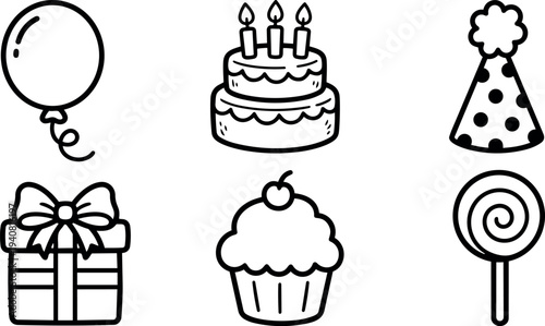 Line art party icon set close up six birthday symbols including balloon cake hat gift cupcake lollipop black outline flat vector